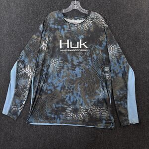Huk Performance Fishing Shirt Men's XXL Blue Gray Camo Logo Mesh Vented